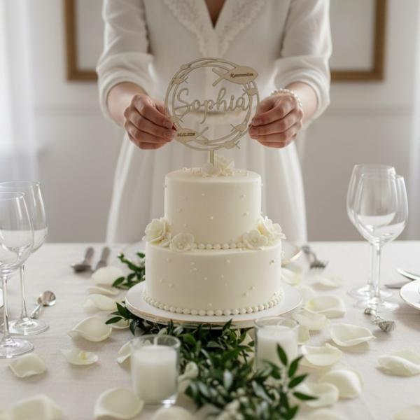 Runder Caketopper aus Birkenholz mit personalisiertem Namen, Anlass und Datum